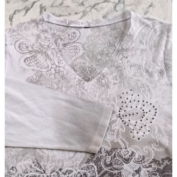 Women Shirt Top 2XL /XXL White Brown & Tan Paisley Floral Ombre Rhinestones Boho - Picture 1 of 15